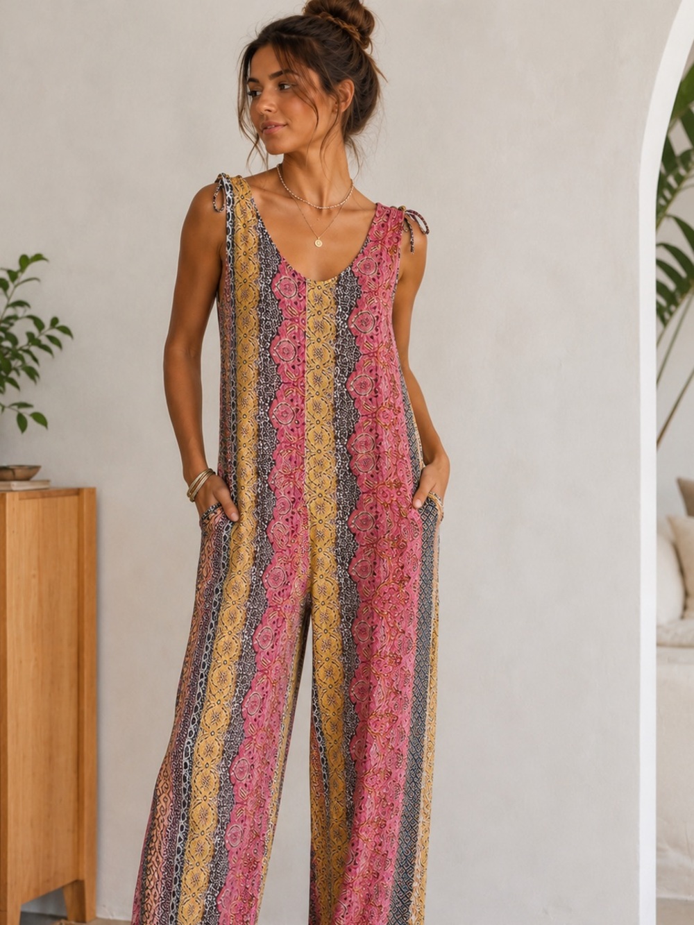 Sleeveless V-Neck Wide-Leg Jumpsuit in Pink & Mustard